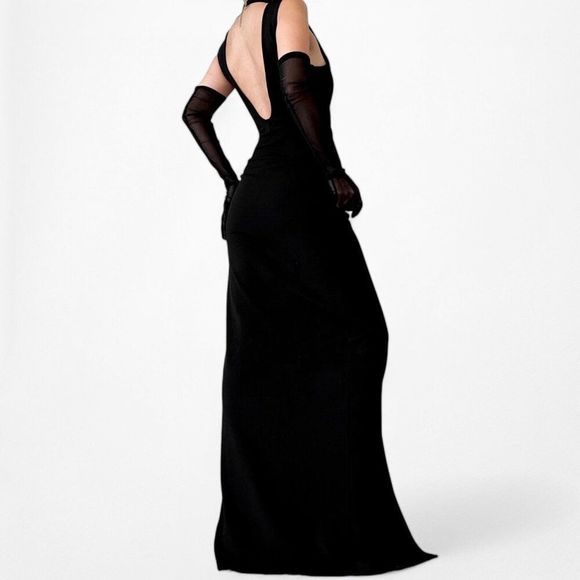 Black Plunging V-Neck Knit Side Slit Maxi Bodycon Prom Dress Size S - Picture 4 of 7